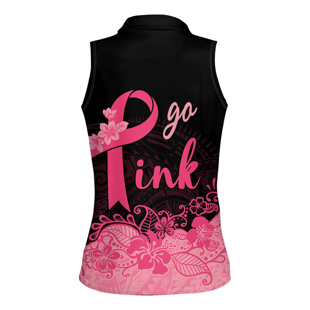 Polynesian Women Sleeveless Polo Shirt Plumeria Breast Cancer Survivor Ribbon Pink