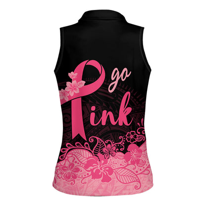 Polynesian Women Sleeveless Polo Shirt Plumeria Breast Cancer Survivor Ribbon Pink