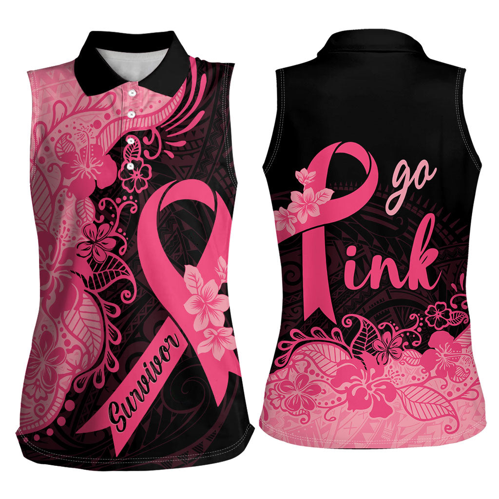 Polynesian Women Sleeveless Polo Shirt Plumeria Breast Cancer Survivor Ribbon Pink