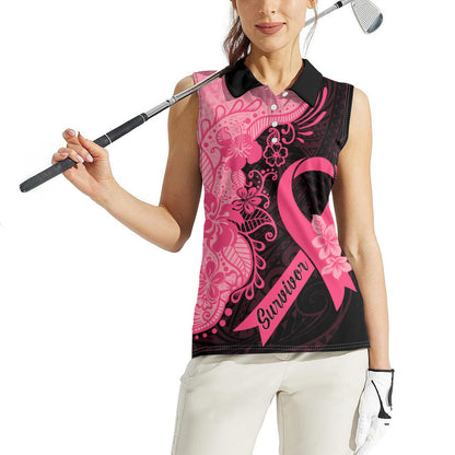 Polynesian Women Sleeveless Polo Shirt Plumeria Breast Cancer Survivor Ribbon Pink