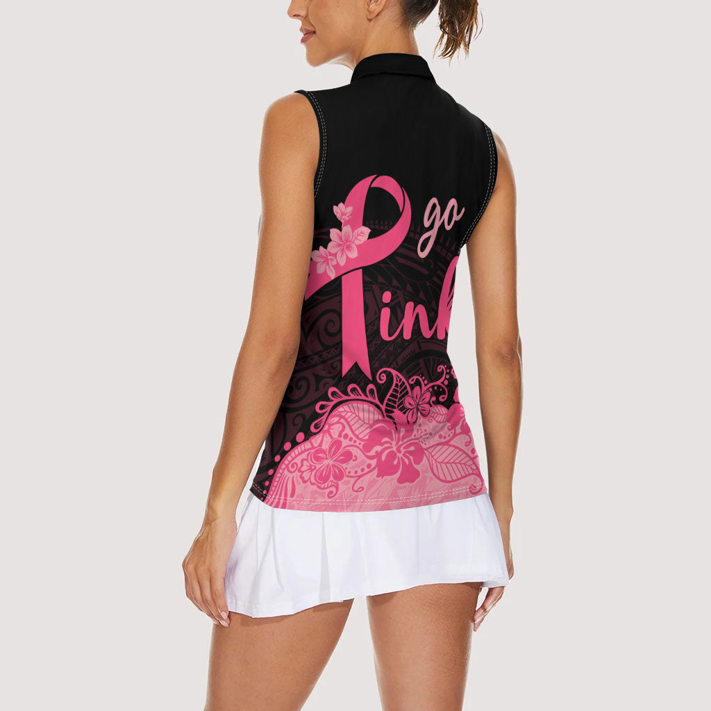Polynesian Women Sleeveless Polo Shirt Plumeria Breast Cancer Survivor Ribbon Pink