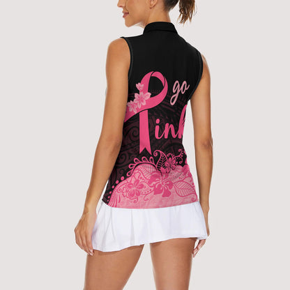 Polynesian Women Sleeveless Polo Shirt Plumeria Breast Cancer Survivor Ribbon Pink