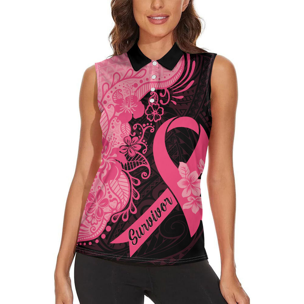 Polynesian Women Sleeveless Polo Shirt Plumeria Breast Cancer Survivor Ribbon Pink