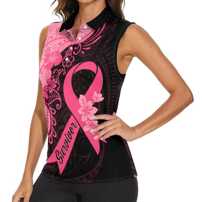 Polynesian Women Sleeveless Polo Shirt Plumeria Breast Cancer Survivor Ribbon Pink