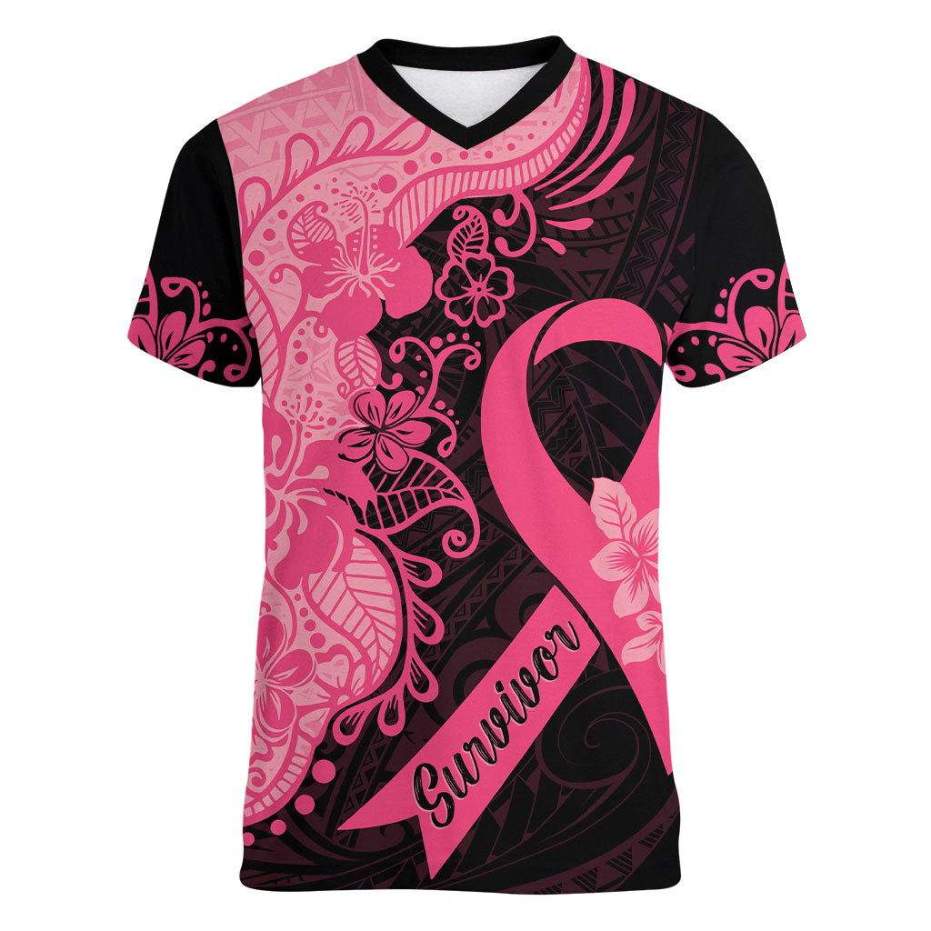 Polynesian Women V-Neck T-Shirt Plumeria Breast Cancer Survivor Ribbon Pink