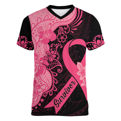 Polynesian Women V-Neck T-Shirt Plumeria Breast Cancer Survivor Ribbon Pink