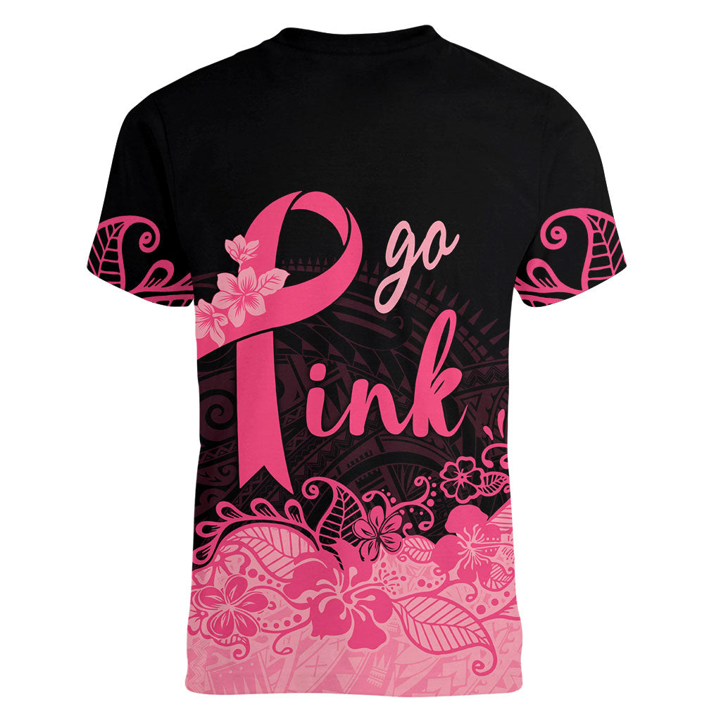 Polynesian Women V-Neck T-Shirt Plumeria Breast Cancer Survivor Ribbon Pink