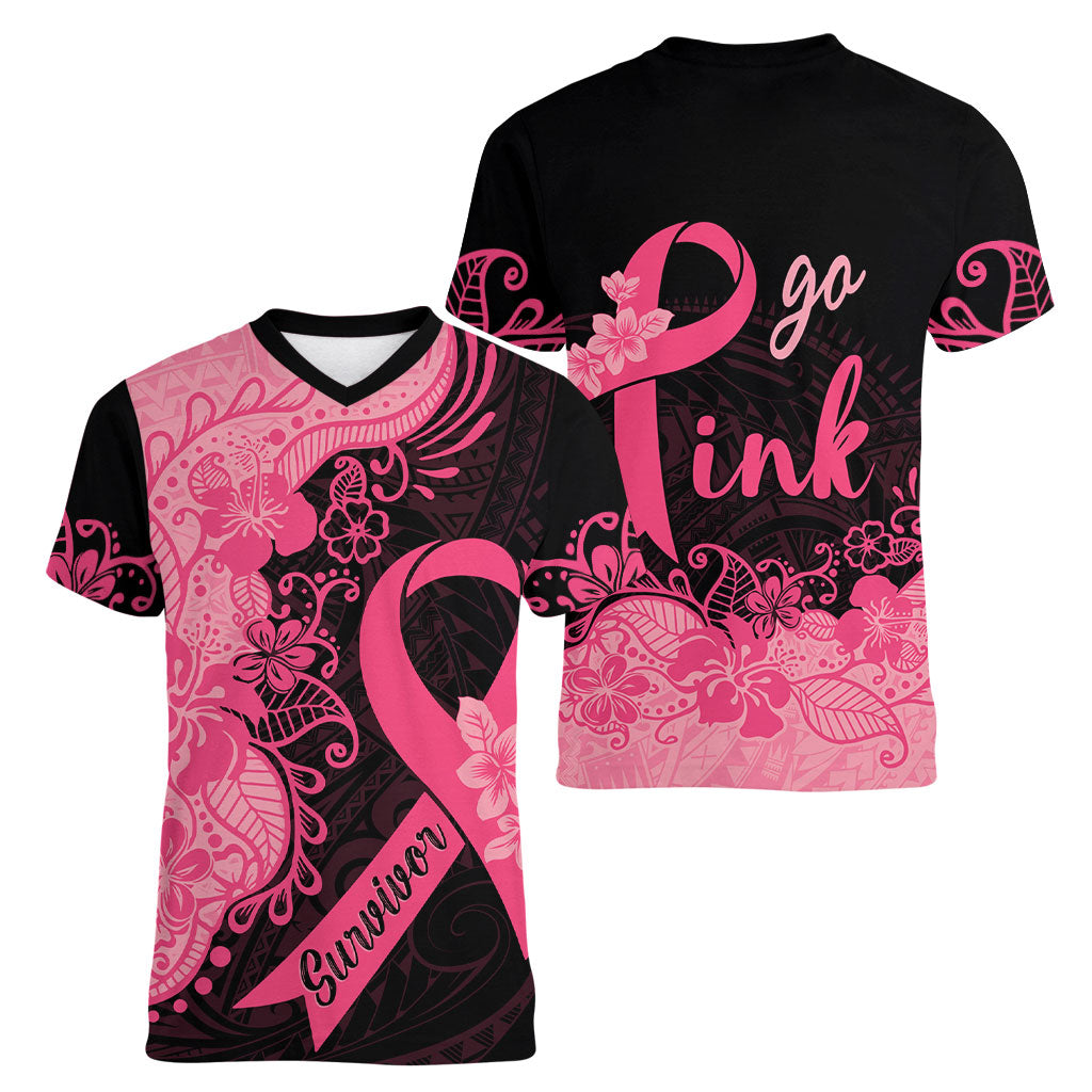 Polynesian Women V-Neck T-Shirt Plumeria Breast Cancer Survivor Ribbon Pink