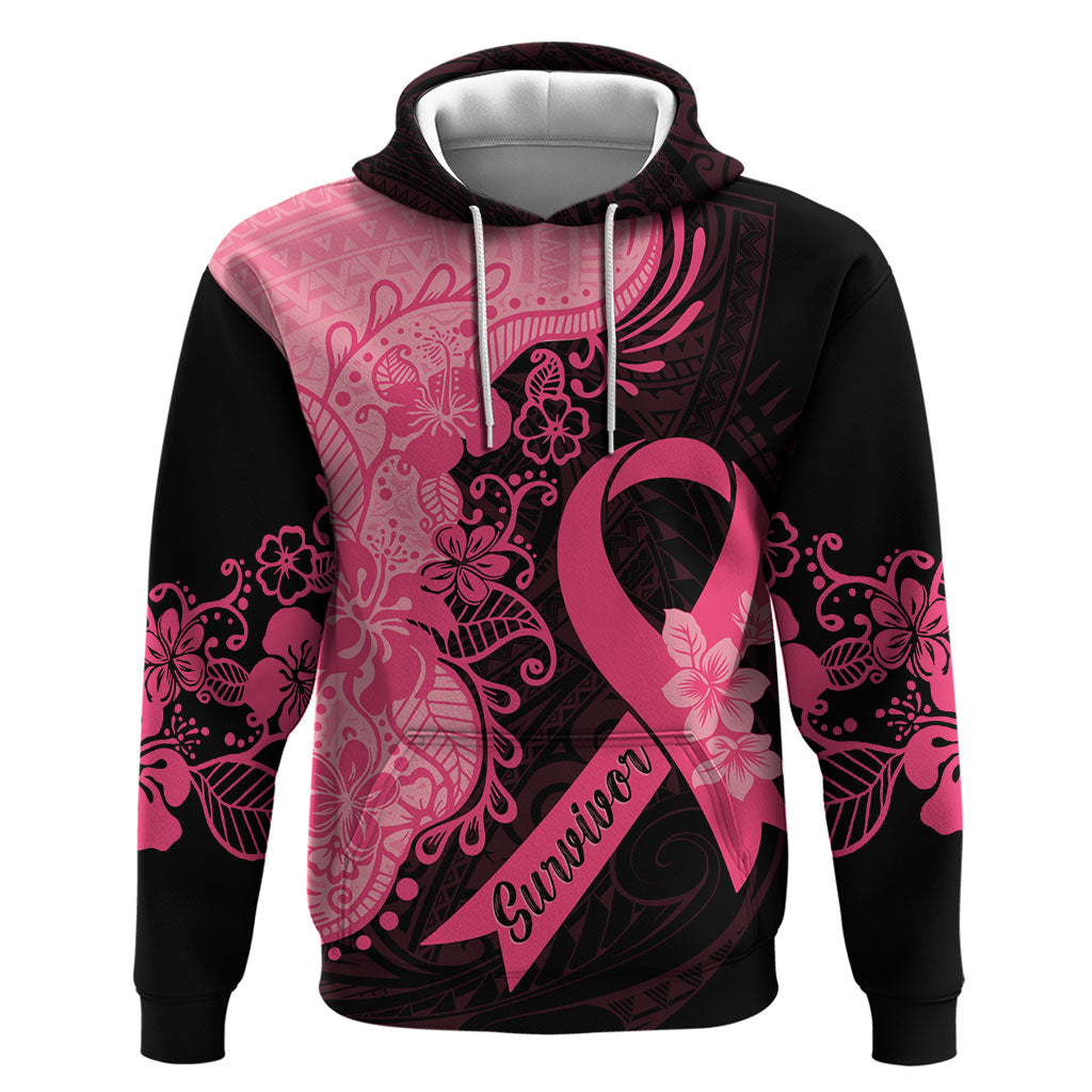 Polynesian Zip Hoodie Plumeria Breast Cancer Survivor Ribbon Pink