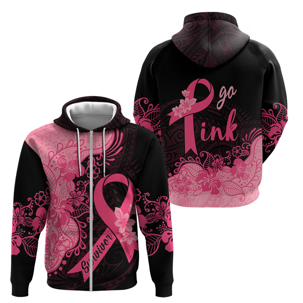 Polynesian Zip Hoodie Plumeria Breast Cancer Survivor Ribbon Pink
