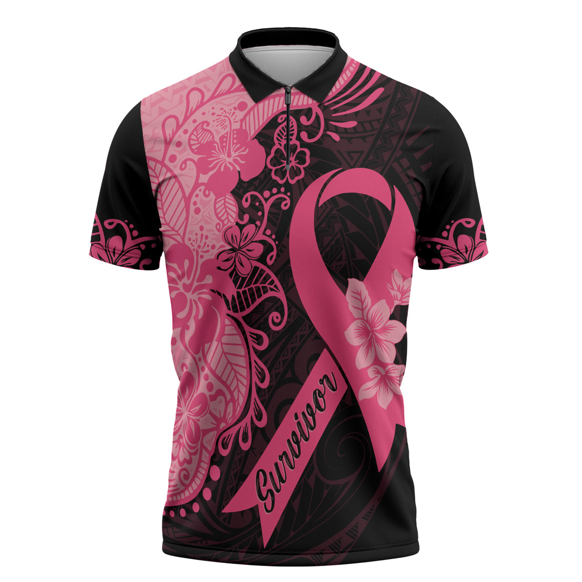 Polynesian Zipper Polo Shirt Plumeria Breast Cancer Survivor Ribbon Pink