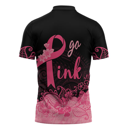Polynesian Zipper Polo Shirt Plumeria Breast Cancer Survivor Ribbon Pink