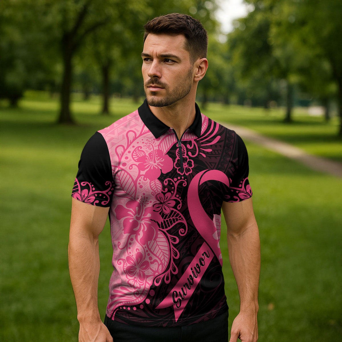 Polynesian Zipper Polo Shirt Plumeria Breast Cancer Survivor Ribbon Pink