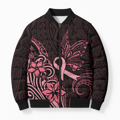 Polynesian Bomber Puffer Jacket Breast Cancer Ribbon Butterfly Mix Plumeria Curves Pink