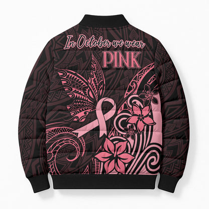 Polynesian Bomber Puffer Jacket Breast Cancer Ribbon Butterfly Mix Plumeria Curves Pink