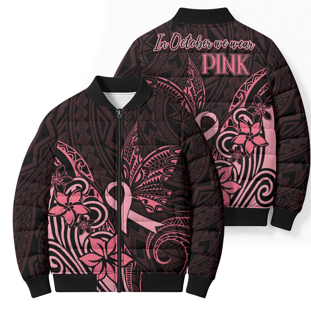 Polynesian Bomber Puffer Jacket Breast Cancer Ribbon Butterfly Mix Plumeria Curves Pink