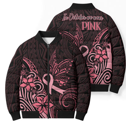 Polynesian Bomber Puffer Jacket Breast Cancer Ribbon Butterfly Mix Plumeria Curves Pink