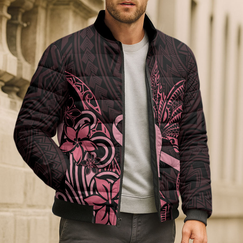 Polynesian Bomber Puffer Jacket Breast Cancer Ribbon Butterfly Mix Plumeria Curves Pink