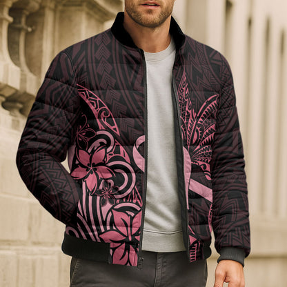 Polynesian Bomber Puffer Jacket Breast Cancer Ribbon Butterfly Mix Plumeria Curves Pink