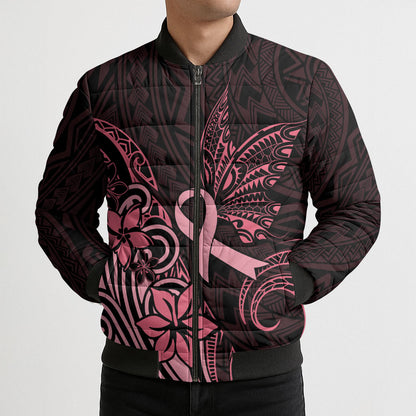 Polynesian Bomber Puffer Jacket Breast Cancer Ribbon Butterfly Mix Plumeria Curves Pink