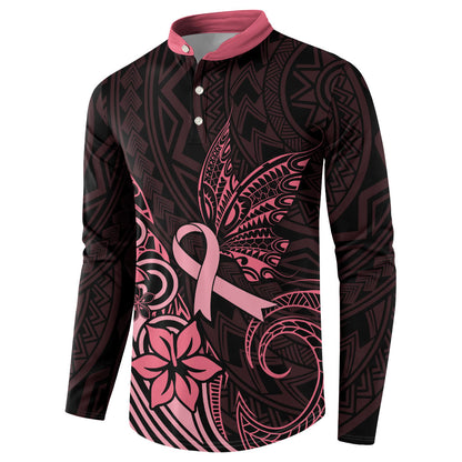 Polynesian Button Sweatshirt Breast Cancer Ribbon Butterfly Mix Plumeria Curves Pink