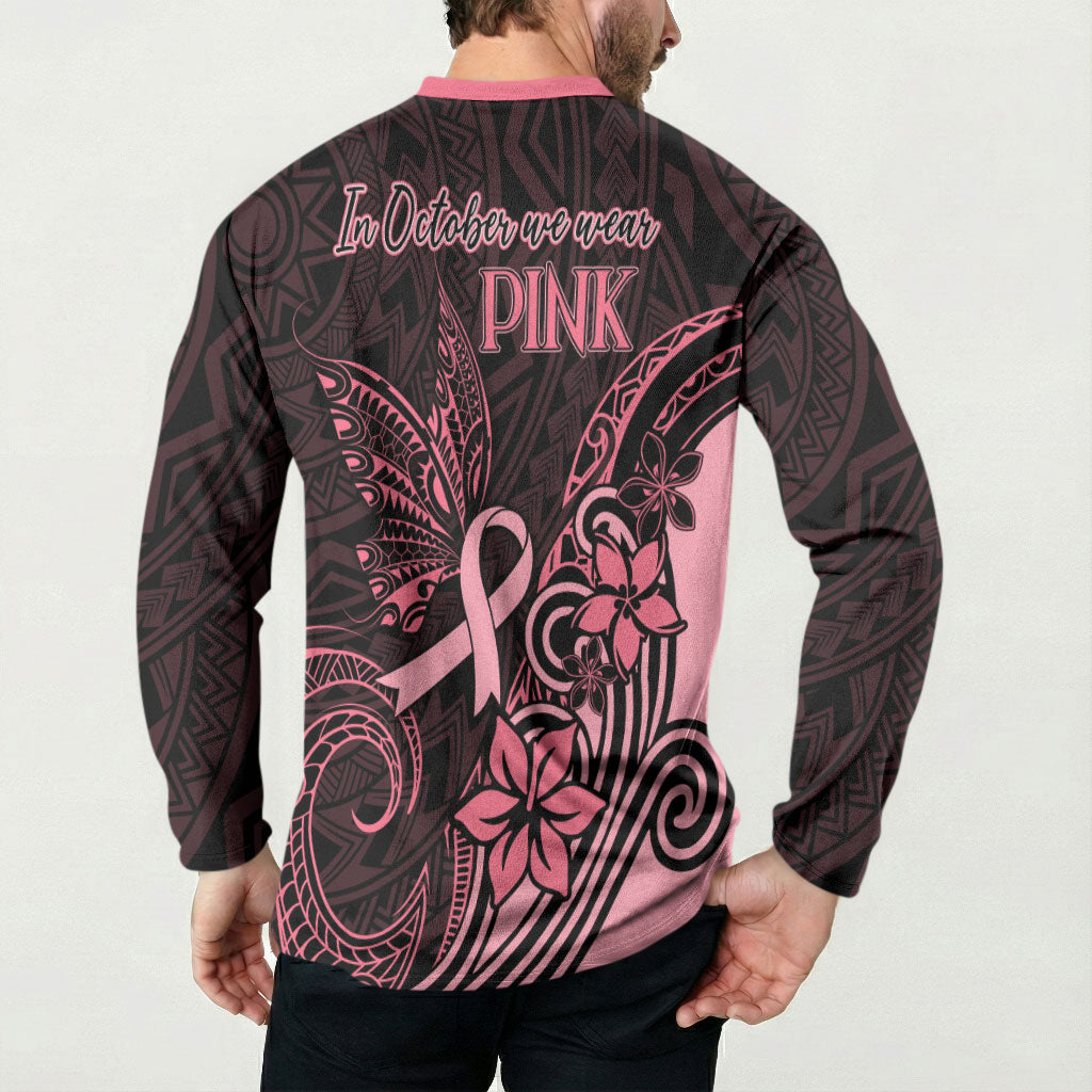 Polynesian Button Sweatshirt Breast Cancer Ribbon Butterfly Mix Plumeria Curves Pink