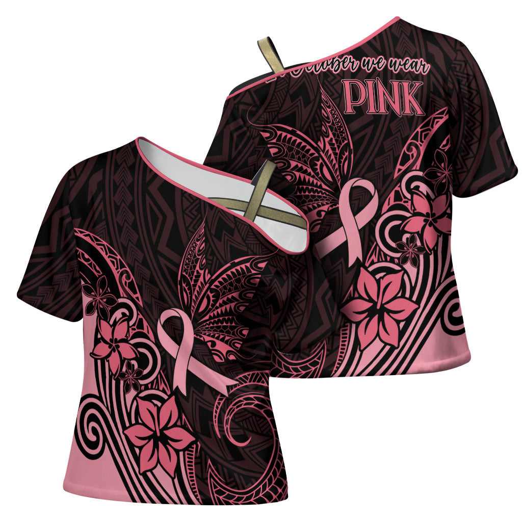 Polynesian Cross Shoulder Shirt Breast Cancer Ribbon Butterfly Mix Plumeria Curves Pink