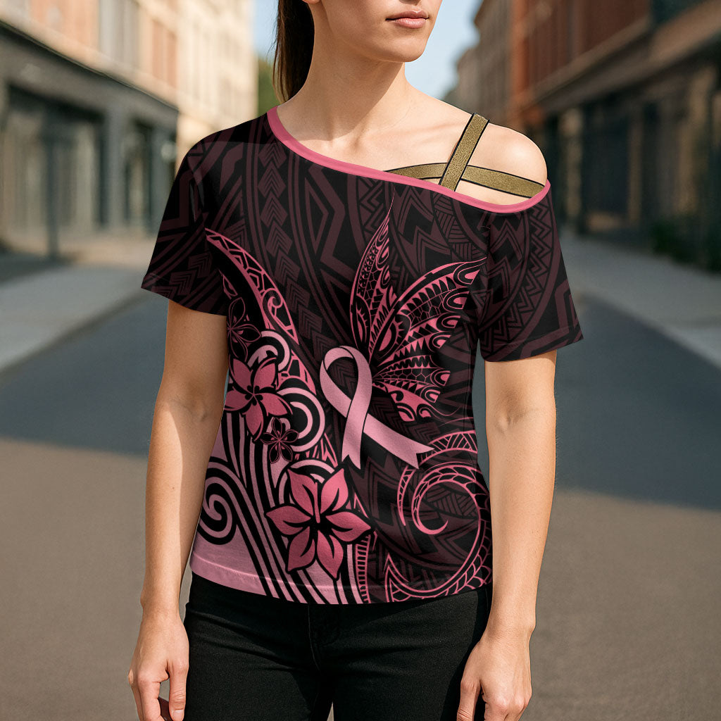 Polynesian Cross Shoulder Shirt Breast Cancer Ribbon Butterfly Mix Plumeria Curves Pink