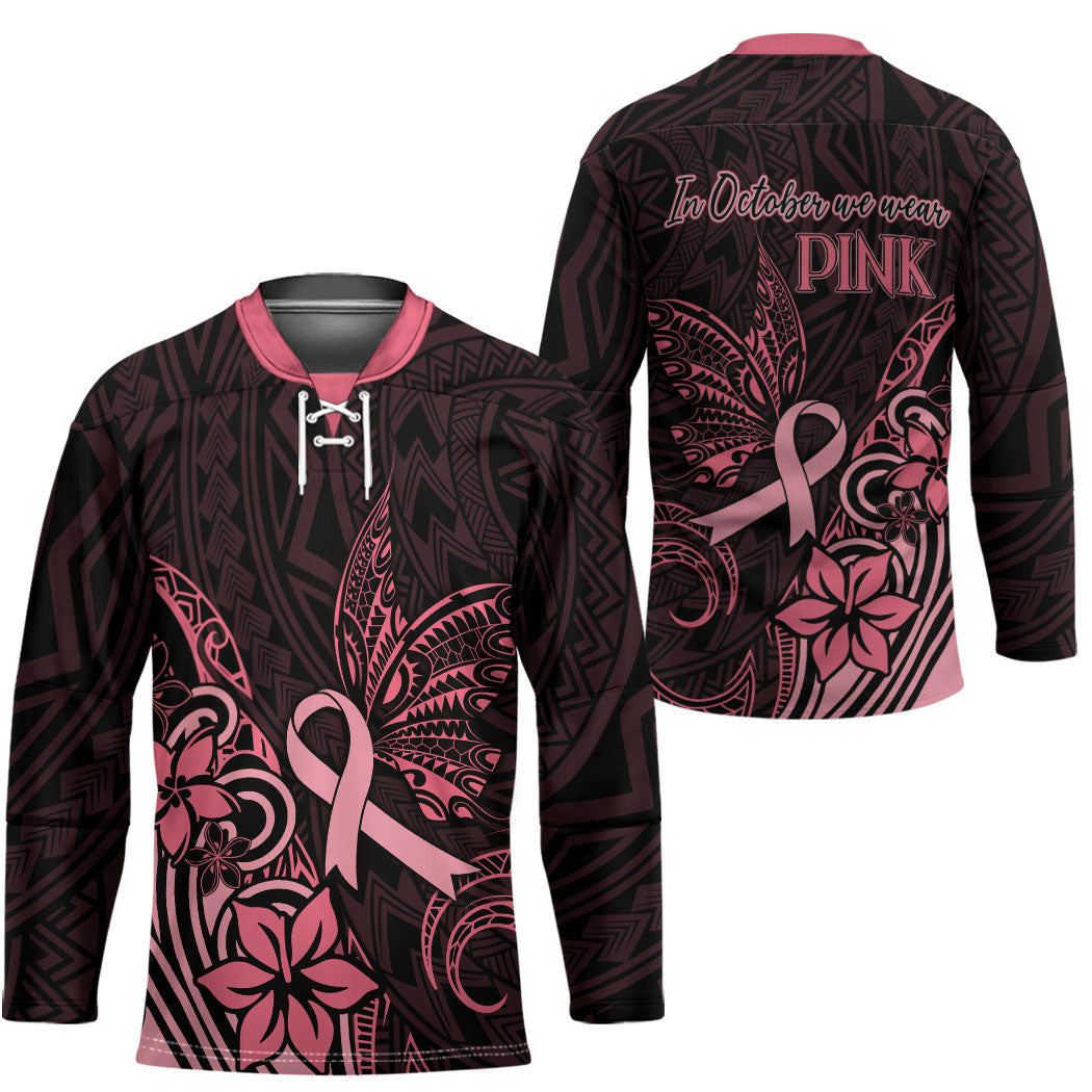 Polynesian Hockey Jersey Breast Cancer Ribbon Butterfly Mix Plumeria Curves Pink