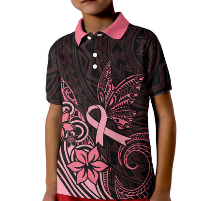 Polynesian Kid Polo Shirt Breast Cancer Ribbon Butterfly Mix Plumeria Curves Pink