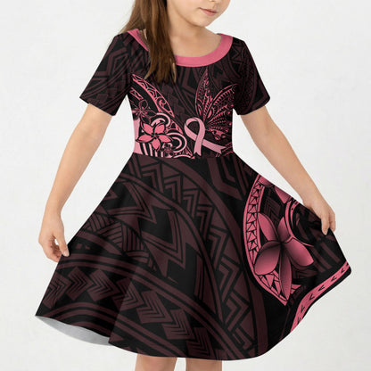 Polynesian Kid Short Sleeve Dress Breast Cancer Ribbon Butterfly Mix Plumeria Curves Pink