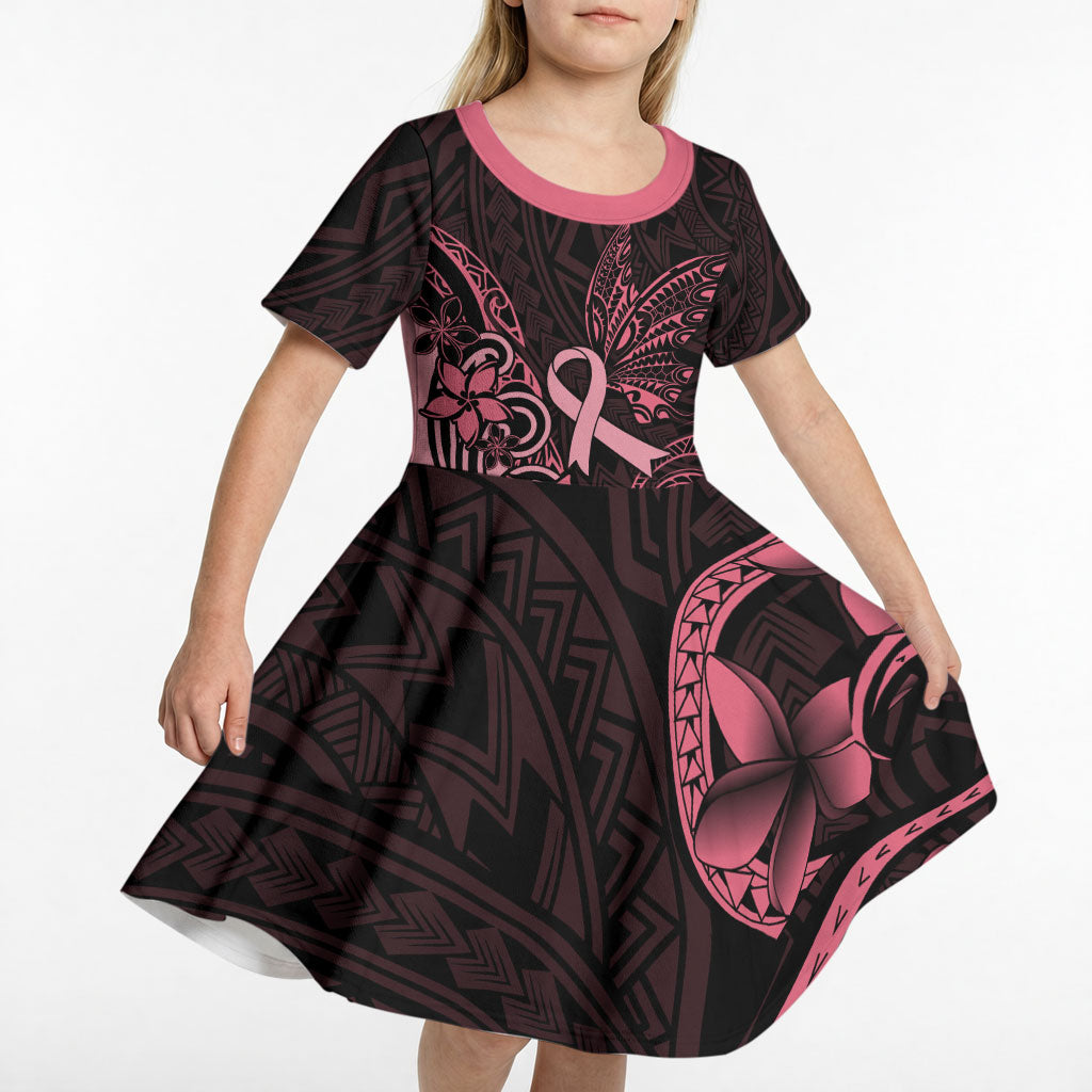 Polynesian Kid Short Sleeve Dress Breast Cancer Ribbon Butterfly Mix Plumeria Curves Pink