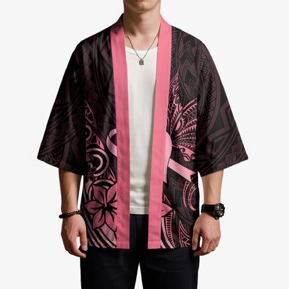 Polynesian Kimono Breast Cancer Ribbon Butterfly Mix Plumeria Curves Pink