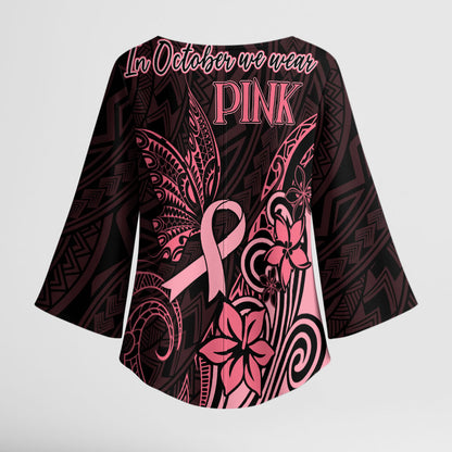 Polynesian Kimono Sleeve Blouse Breast Cancer Ribbon Butterfly Mix Plumeria Curves Pink
