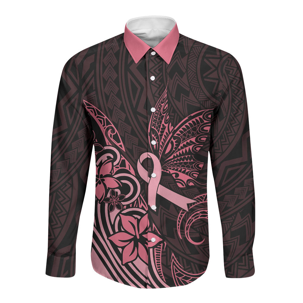Polynesian Long Sleeve Button Shirt Breast Cancer Ribbon Butterfly Mix Plumeria Curves Pink