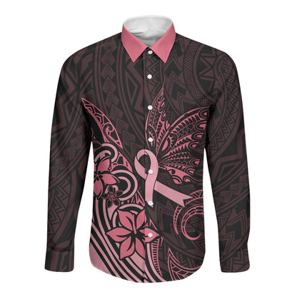 Polynesian Long Sleeve Button Shirt Breast Cancer Ribbon Butterfly Mix Plumeria Curves Pink