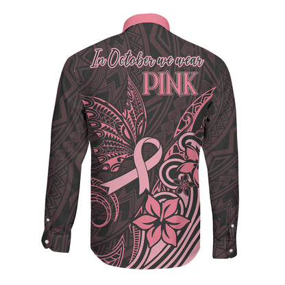 Polynesian Long Sleeve Button Shirt Breast Cancer Ribbon Butterfly Mix Plumeria Curves Pink