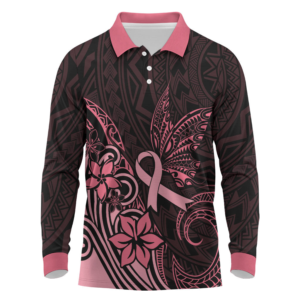 Polynesian Long Sleeve Polo Shirt Breast Cancer Ribbon Butterfly Mix Plumeria Curves Pink