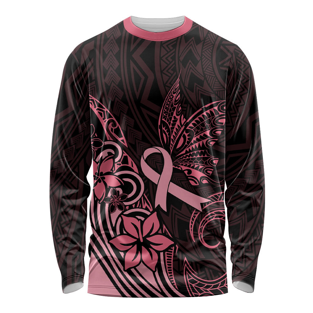 Polynesian Long Sleeve Shirt Breast Cancer Ribbon Butterfly Mix Plumeria Curves Pink