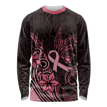 Polynesian Long Sleeve Shirt Breast Cancer Ribbon Butterfly Mix Plumeria Curves Pink