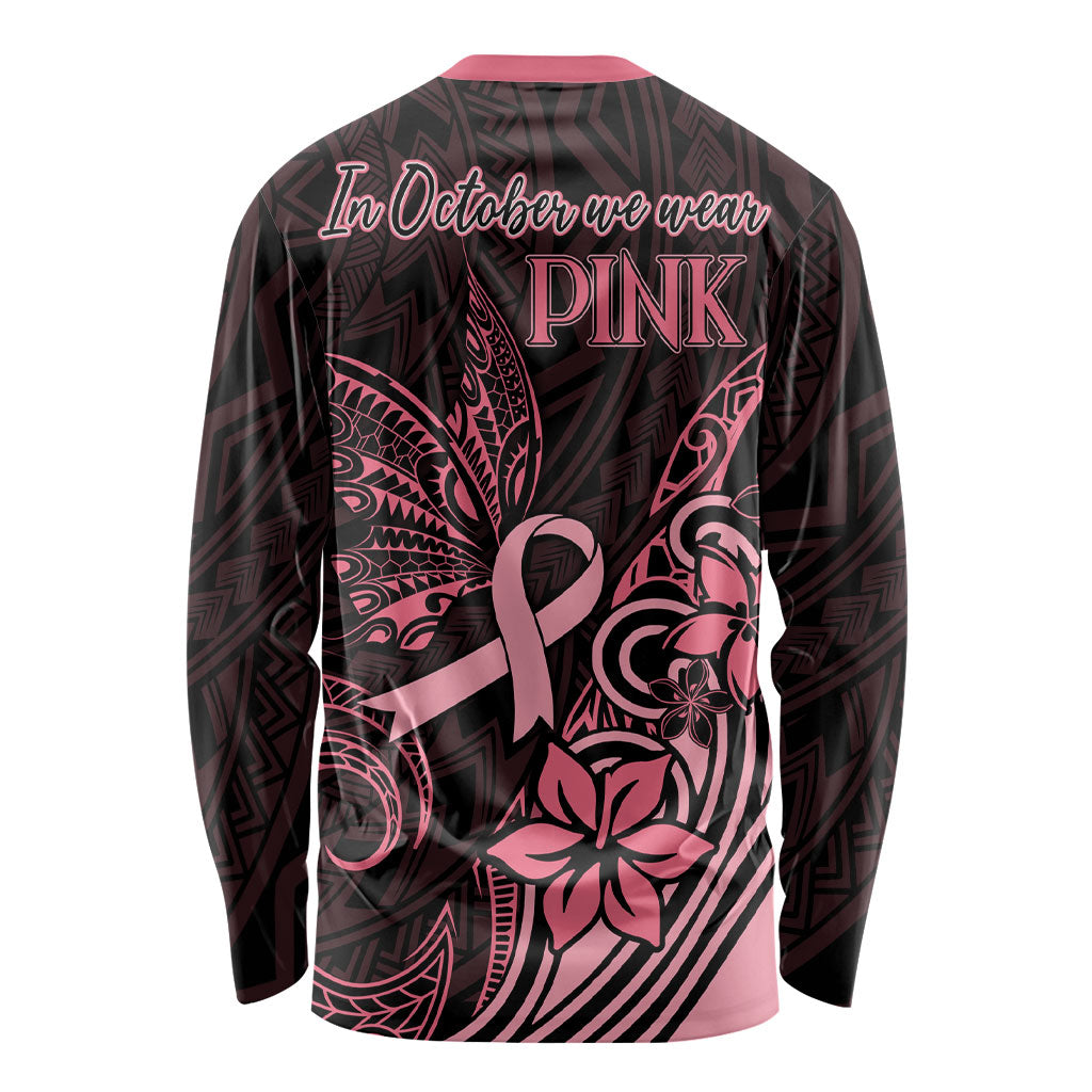 Polynesian Long Sleeve Shirt Breast Cancer Ribbon Butterfly Mix Plumeria Curves Pink