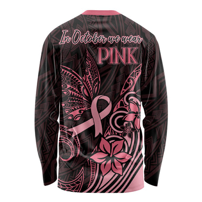 Polynesian Long Sleeve Shirt Breast Cancer Ribbon Butterfly Mix Plumeria Curves Pink