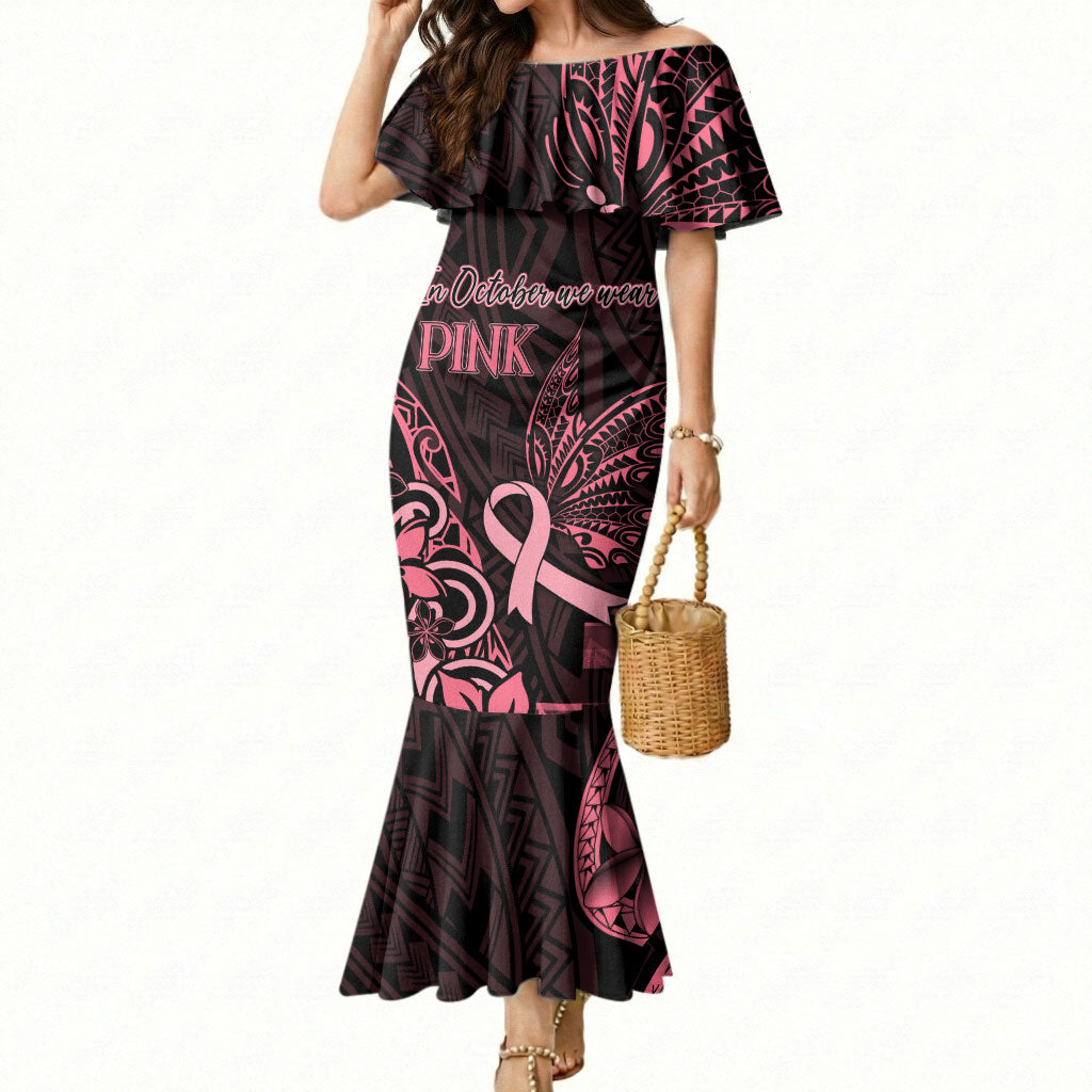 Polynesian Mermaid Dress Breast Cancer Ribbon Butterfly Mix Plumeria Curves Pink