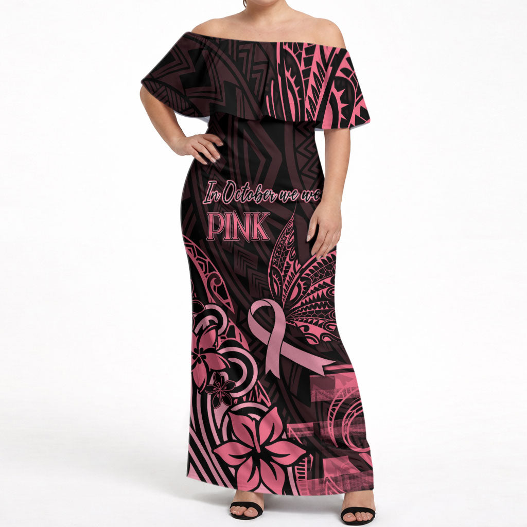 Polynesian Off Shoulder Maxi Dress Breast Cancer Ribbon Butterfly Mix Plumeria Curves Pink