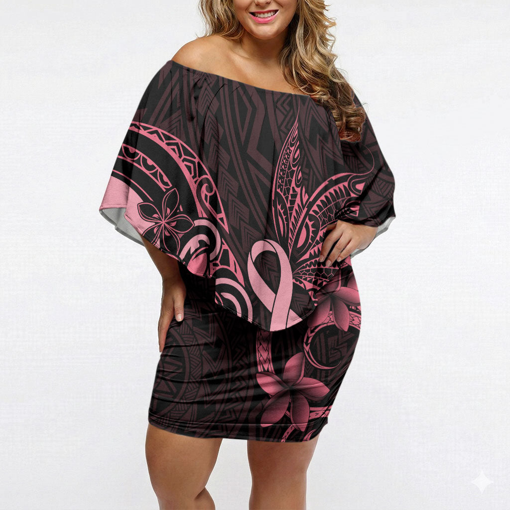 Polynesian Off Shoulder Short Dress Breast Cancer Ribbon Butterfly Mix Plumeria Curves Pink