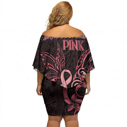 Polynesian Off Shoulder Short Dress Breast Cancer Ribbon Butterfly Mix Plumeria Curves Pink