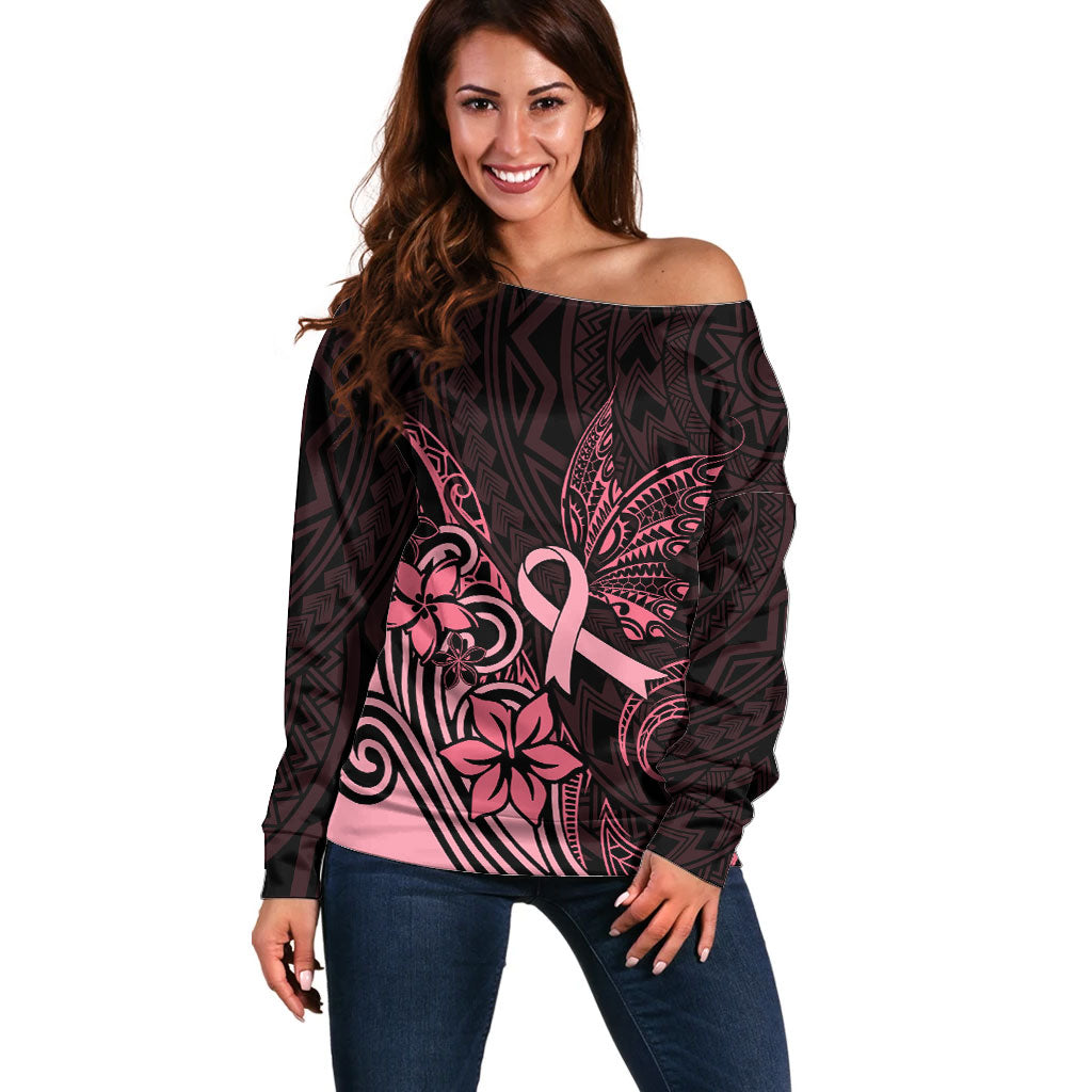 Polynesian Off Shoulder Sweater Breast Cancer Ribbon Butterfly Mix Plumeria Curves Pink