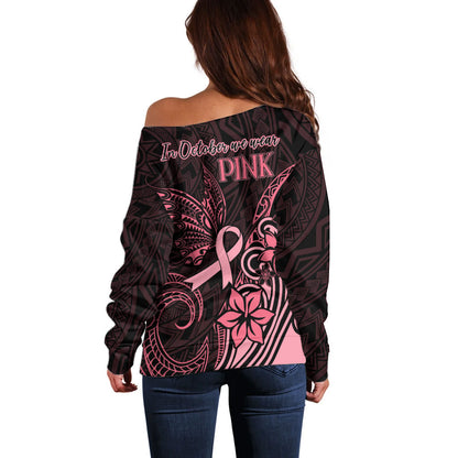 Polynesian Off Shoulder Sweater Breast Cancer Ribbon Butterfly Mix Plumeria Curves Pink
