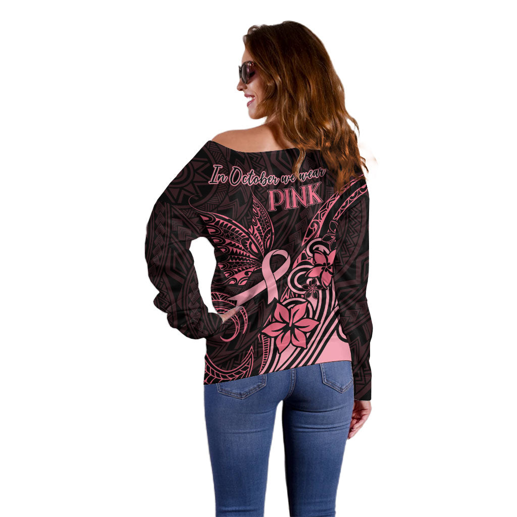 Polynesian Off Shoulder Sweater Breast Cancer Ribbon Butterfly Mix Plumeria Curves Pink
