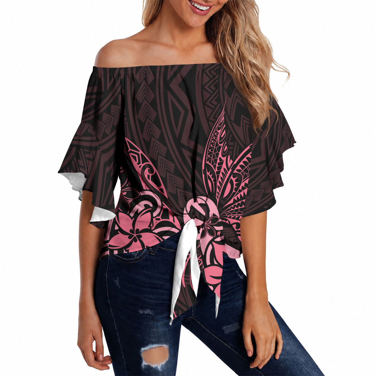 Polynesian Off Shoulder Wrap Waist Top Breast Cancer Ribbon Butterfly Mix Plumeria Curves Pink